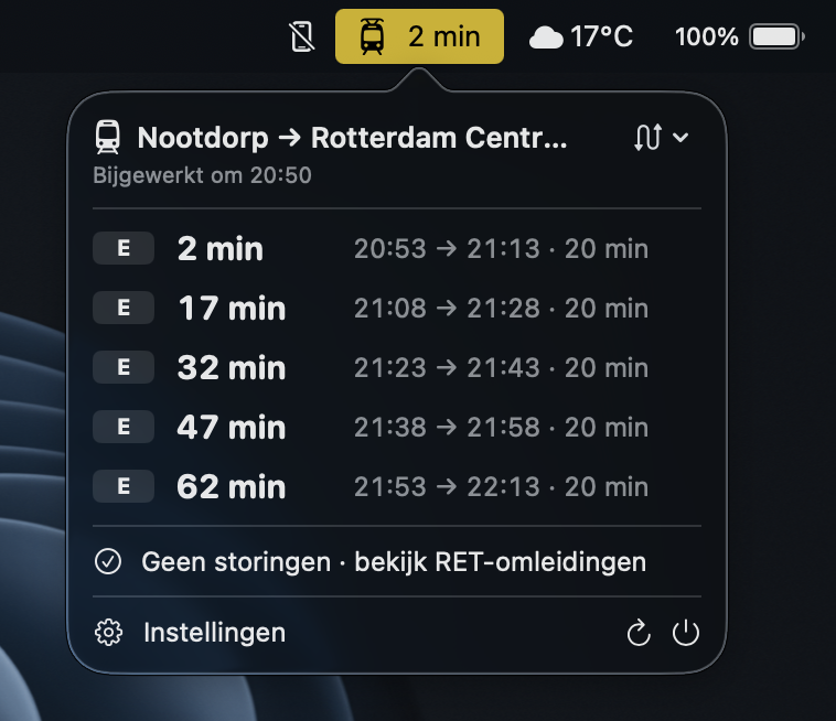 Pendel in de macOS-menubalk: een gele aftelpil ‘2 min’ met daaronder het vertrekoverzicht van metro E van Nootdorp naar Rotterdam Centraal.