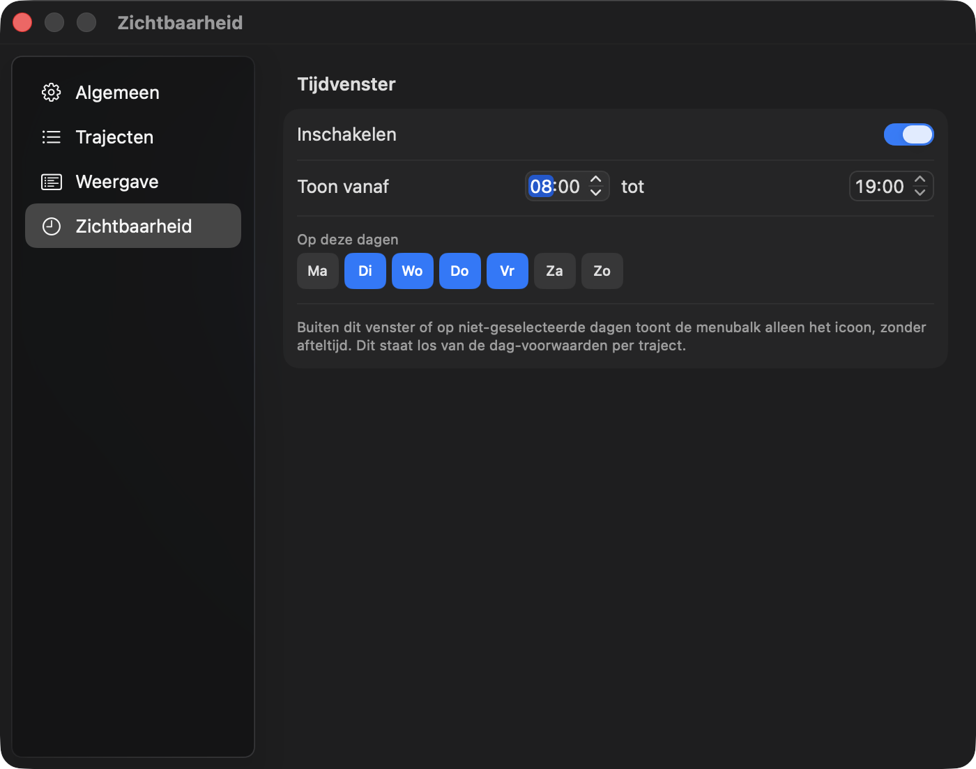 Instellingen — tabblad Zichtbaarheid met tijdvenster en dagen.