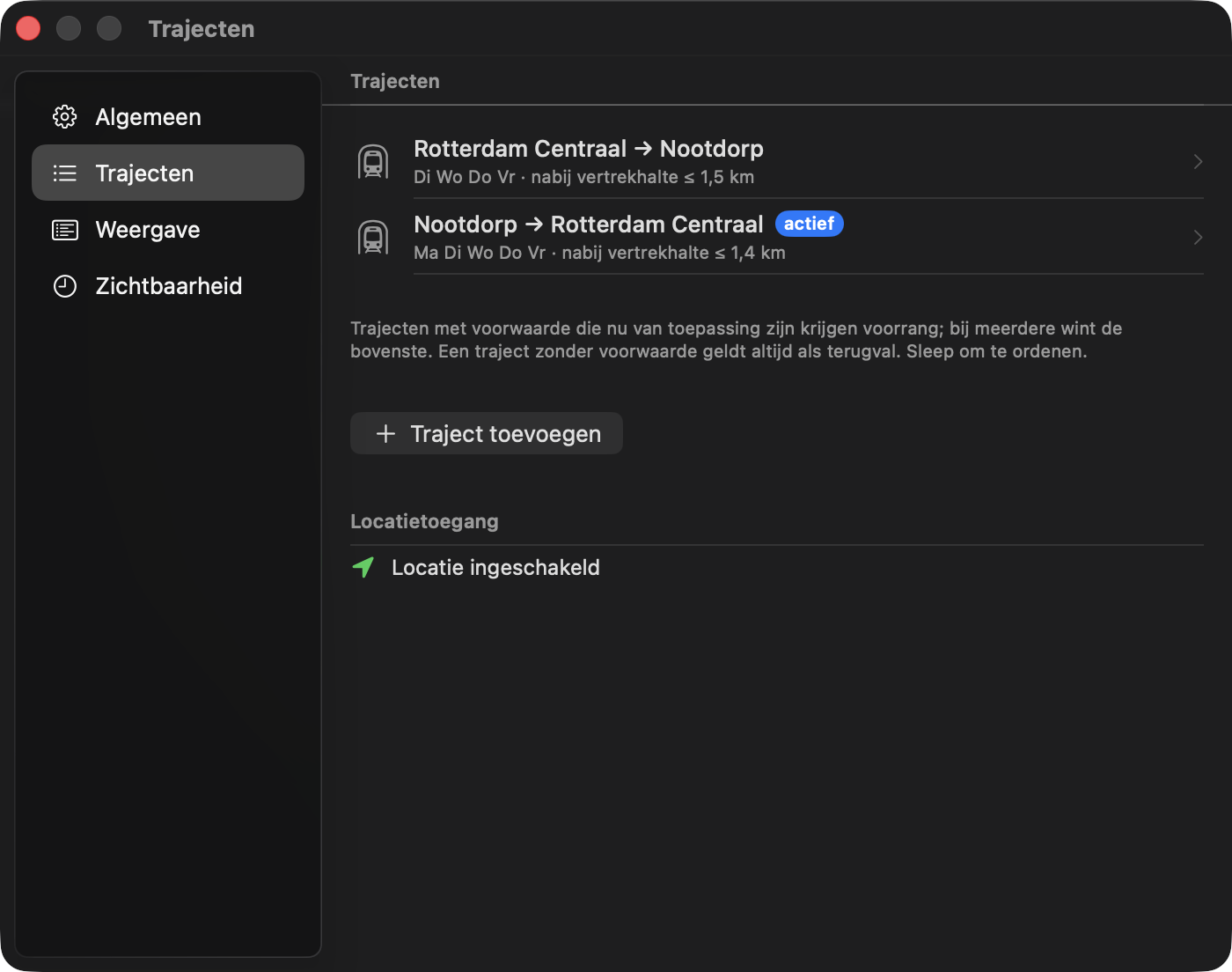 Instellingen — tabblad Trajecten met meerdere trajecten en voorwaarden.